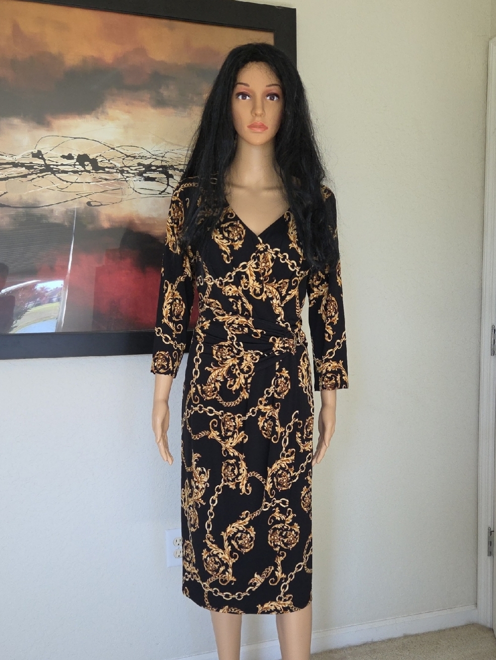 Thalia Sodi Black and Gold Chain-Print 3/4 Long Sleeve Wrap-Style Dress